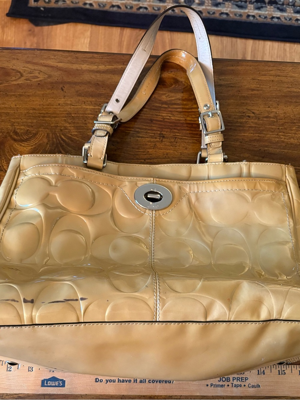 Coach Patent Leather Tote Handbag in Tan